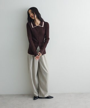 Green Parks 配色レイヤードポロリブニットカーディガン Brown