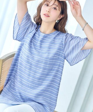 Tiaclasse 【洗える】ランダムボーダーチュニックブラウス ブルー