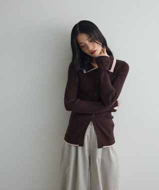 Green Parks 配色レイヤードポロリブニットカーディガン Brown