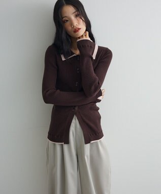 Green Parks 配色レイヤードポロリブニットカーディガン Brown