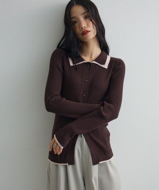 Green Parks 配色レイヤードポロリブニットカーディガン Brown