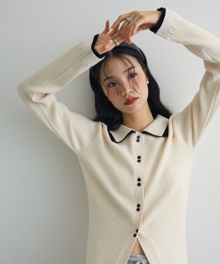 Green Parks 配色レイヤードポロリブニットカーディガン Ivory