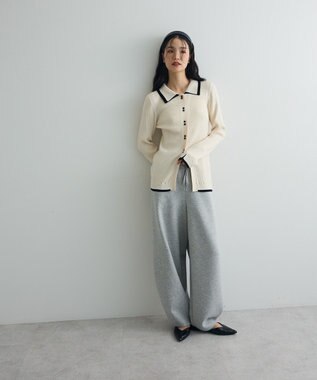 Green Parks 配色レイヤードポロリブニットカーディガン Ivory