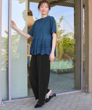 Tiaclasse 【洗える】刺繍レースドッキングカットソートップス ブルー