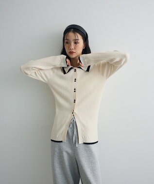 Green Parks 配色レイヤードポロリブニットカーディガン Ivory