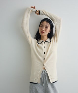 Green Parks 配色レイヤードポロリブニットカーディガン Ivory