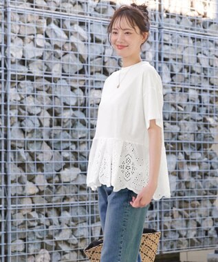 Tiaclasse 【洗える】刺繍レースドッキングカットソートップス オフホワイト