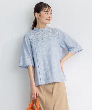 組曲 【WEB限定色あり】エンブロイダリーレース　ハイネック半袖ブラウス 【WEB限定】サックスブルー系9