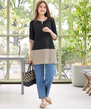 Tiaclasse L 【新色追加】バイカラーチュニック ブラック×ベージュ