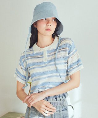 earth music&ecology キラキラボタン透かしニットポロ Border Blue