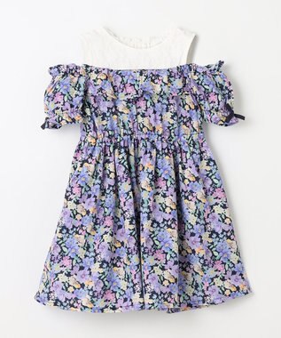 ANY KIDS オンオフショルダー ガーリー ワンピース ネイビー花柄
