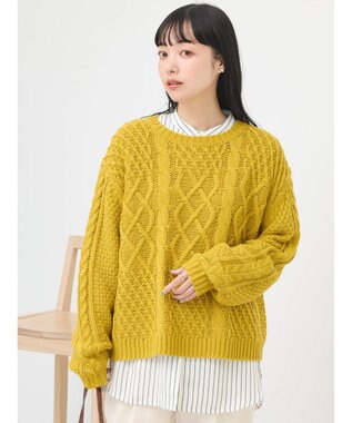 earth music&ecology ウォッシャブルケーブルプルオーバー Mustard