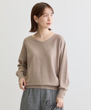 Green Parks 洗える　Ｖネックドルマンニットプルオーバー Gray Beige