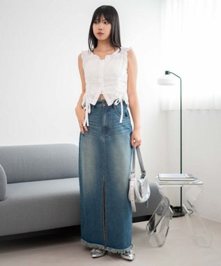 WEGO フリンジロングスリットデニムスカート デニム中濃加工色