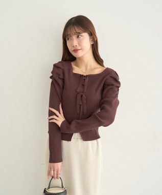 earth music&ecology レイヤード風ギャザーショルダーリブニット Brown