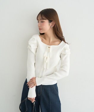 earth music&ecology レイヤード風ギャザーショルダーリブニット Ivory