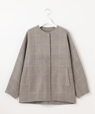 自由区 L 【17号サイズまで展開・カタログ掲載】ウールリバーチェック柄ノーカラー コート モカチェック