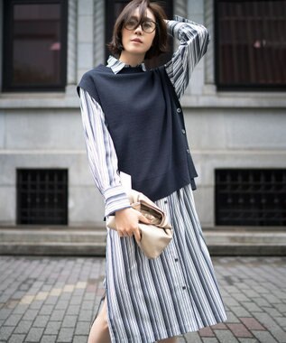 自由区 【洗える/セットアイテム】ウールブレンドベスト×ストライプワンピ ネイビー系1