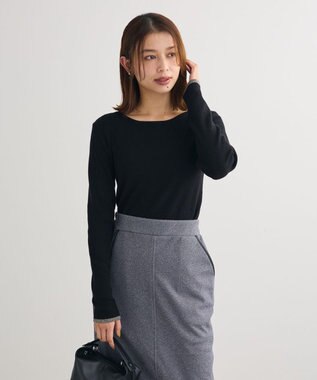 Green Parks もちっと袖配色ボートネックニットプルオーハ Black