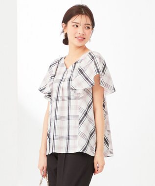 ANY SIS 【洗える】チェックフレア ブラウス オフホワイトベース