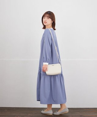 Tiaclasse L ピンタックギャザークレリックシャツワンピース ブルー