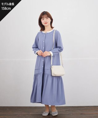 Tiaclasse L ピンタックギャザークレリックシャツワンピース ブルー