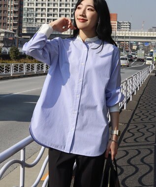 AMERICAN HOLIC イージーケアバンドカラーロングシャツ Stripe Sax