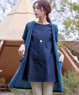 Tiaclasse L 【洗える新色追加・洗える】サマーニットフードロングカーディガン ブルー