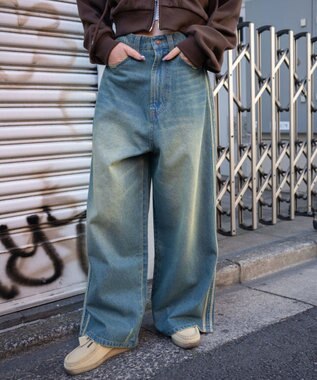 WEGO サイドラインワイドデニムパンツ デニム中濃加工色