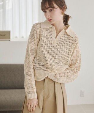 WEGO 【ANGIE VINTAGE】MIXメッシュポロニット ホワイトアイボリー