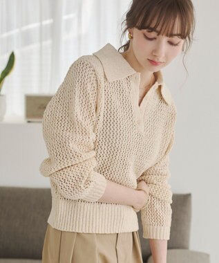 WEGO 【ANGIE VINTAGE】MIXメッシュポロニット ホワイトアイボリー