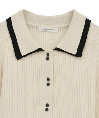 Green Parks 配色レイヤードポロリブニットカーディガン Ivory