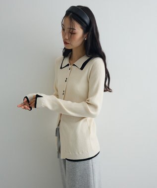 Green Parks 配色レイヤードポロリブニットカーディガン Ivory