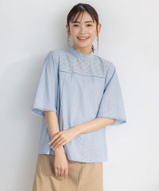 組曲 【WEB限定色あり】エンブロイダリーレース　ハイネック半袖ブラウス 【WEB限定】サックスブルー系9