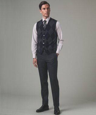 GOTAIRIKU 体温調整に【洗える/チクチクしにくい/ピリングしにくい】イタリア糸 ハイゲージ ベスト_WOOL100% ブラック×グレーアーガイル