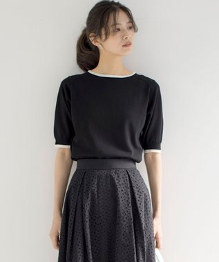 組曲 L 5分袖ニットＴシャツ ブラック系