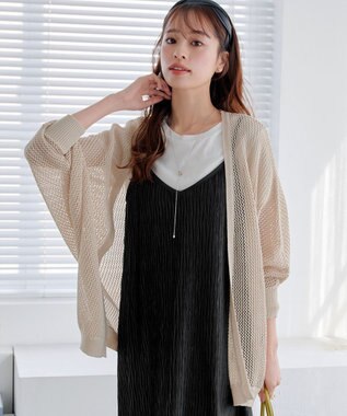 Tiaclasse L 【洗える】メッシュ編みニットドルマンカーディガン ライトベージュ