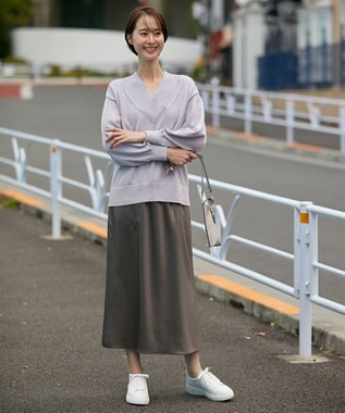 自由区 【XSサイズ～/洗える】コットンブレンドコード Vネックニット ライラック系