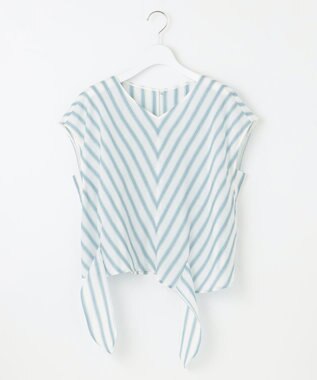 自由区 L 【洗える】テンセルリネンリボン ブラウス オフ×ブルーストライプ