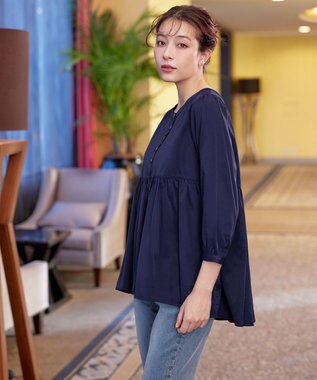 Tiaclasse L 【洗える】レーヨンツイルギャザーブラウス ネイビー