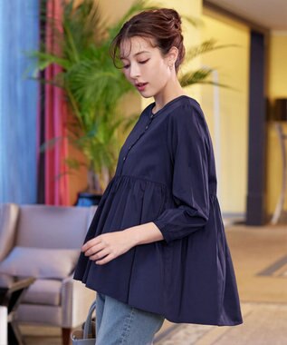 Tiaclasse L 【洗える】レーヨンツイルギャザーブラウス ネイビー