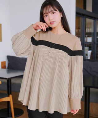 Tiaclasse 配色ラインプリーツプルオーバー ベージュ