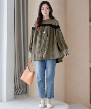 Tiaclasse 配色ラインプリーツプルオーバー カーキ