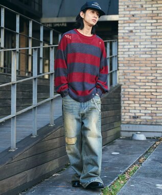 WEGO ボーダーダメージニットプルオーバー レッドボーダー