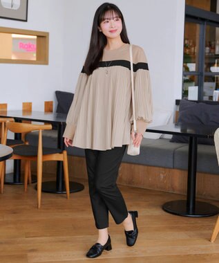 Tiaclasse 配色ラインプリーツプルオーバー ベージュ