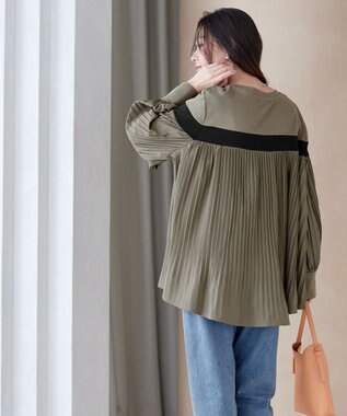 Tiaclasse 配色ラインプリーツプルオーバー カーキ