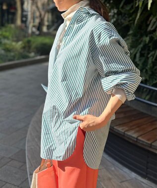 UNFILO 【洗える】イージーケア オーバーシャツ グリーン×ホワイト