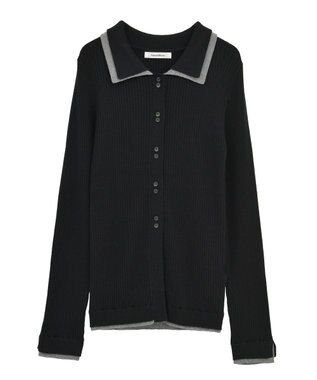 Green Parks 配色レイヤードポロリブニットカーディガン Black