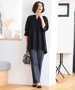 自由区 S 【UVカット・吸水速乾・洗える】ツイストプレーンバンドカラーチュニック丈 カットソー ミッドナイト