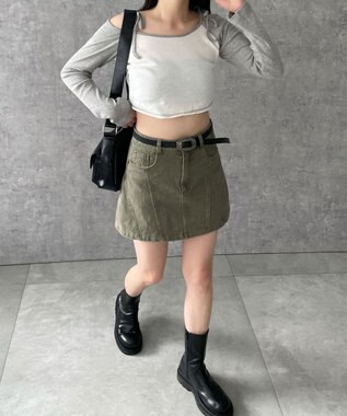 WEGO ベルトデニムスカート カーキ